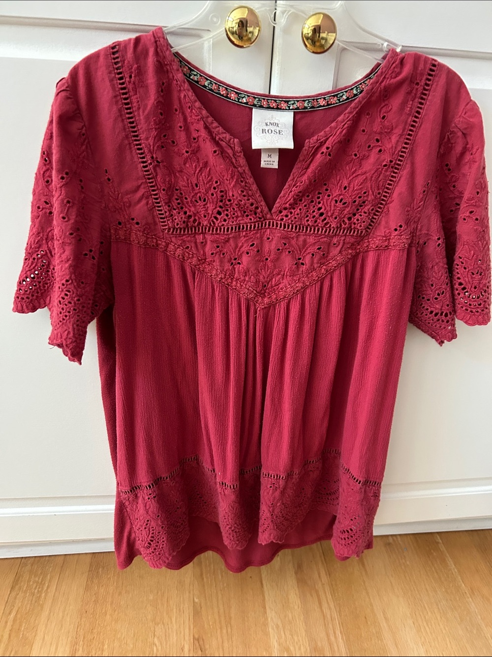 Knox Rose Raspberry Eyelet V-Neck Blouse, Size M